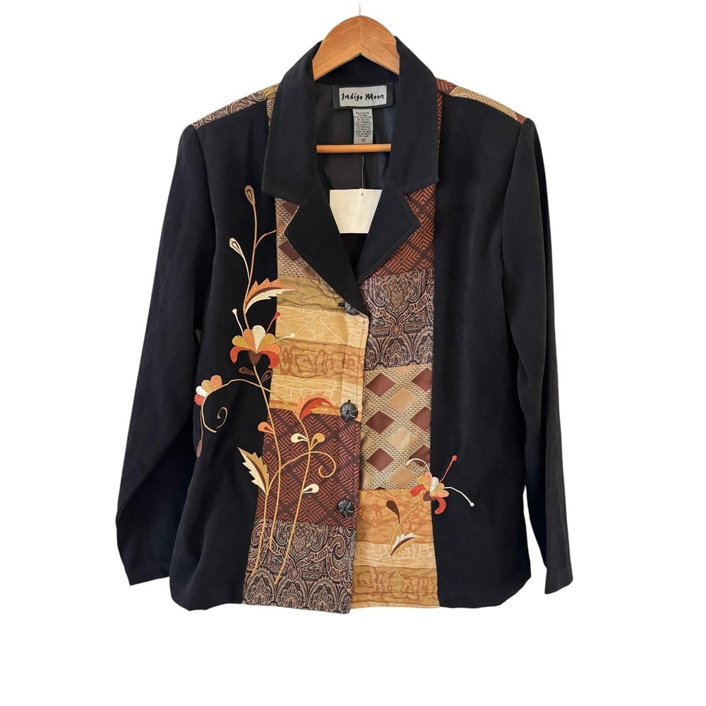 Indigo Moon 90s Embroidered Patchwork Jacket Womens 12 Black Art To Wear Boho